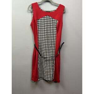 ECI New York Dress Womens 12 Red Black White Houndstooth Belted Sleeveless Retro